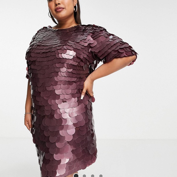ASOS DESIGN Curve exclusive sequin shift mini dress in burgundy - Picture 4 of 4